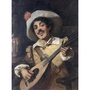  Fasoli Beau tableau  portrait Homme Italie  musicien Luth taverne NICE signé19ème