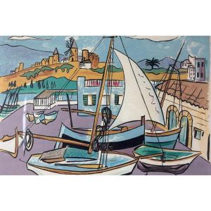 Belle lithographie moderne le port Ibiza Palma de Majorque, Renée Aspe, 1960 Toulouse