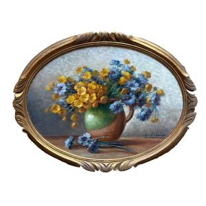 GASTON CORBIER  Tableau art déco  Nature morte Fleurs boutons-d’or bleuets cadre