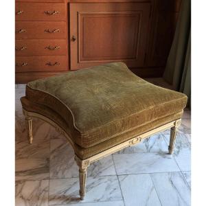 Important Antique Louis XVI Stool In Carved And Lacquered Wood With Fluted Ribbon Detailing, 76cm. Pouf