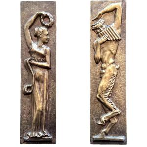 Large Bronze Paneling Depicting Allegory Of Music, Dance, Faun, And Muse, Antique Art Deco Style, X 2 Pieces Of Furniture