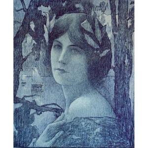 Henri Jules Guinier, Art Nouveau Lithograph, Portrait, "gentle Night," Symbolist, Breton, Champenois