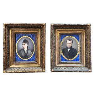 Tableau sur plaque de porcelaine portrait de Femme homme Costume E. Yvetot Limoges x 2 19eme