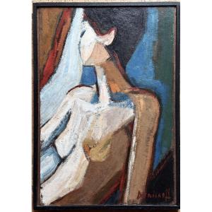Pierre Demianoff Modern Painting, Portrait Of A Young Nude Woman, Fauvist Style, 1960, Sète 