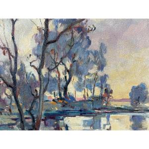Landscape Paintings In Vibrant Fauvist Colors, Lively Riverside Scene In The Somme Region, 20th Century Landscape