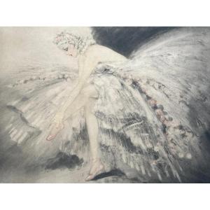 Belle gravure ancienne Louis Icart portrait femme ballerine pointe danse art déco