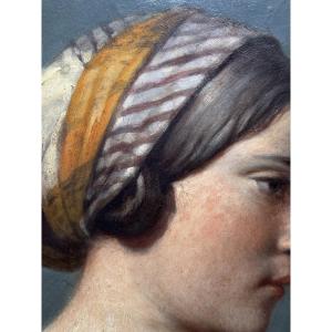 Tableau portrait de jeune femme profil foulard école Ingres hst  1830 Roux marchand de couleurs