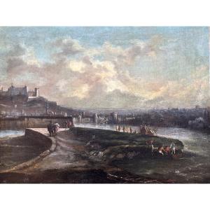 Tableau Ancien paysage 18ème Catalan  Espagne animé suiv Ramón Sánchez  vue de ville Tortosa 