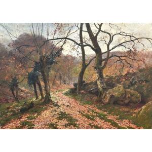 Jean Dufau Large Painting Landscape Forest Barbizon Fontainebleau Impressionist 1920