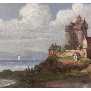 Tableau paysage Bretagne marine Saint-Malo la Tour Solidor Breton  19ème monog. F.G 1875
