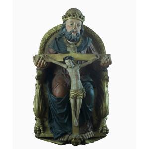 Antique Religious Sculpture Of God Christ, Trinity, Throne Of Grace, 15th Century, Carved Wood, Swabian 