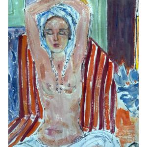 Dessin portrait jeune femme nue intérieur Orientale 1950 Schmidt Toulouse