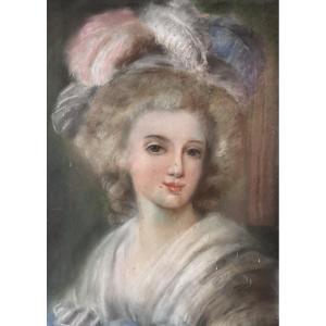 Drawing Portrait Of A Young Woman Feathered Hat Headdress Fashion Louis XVI Costume Pastel 