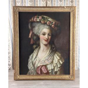 Painting Portrait Of A Courtesan Woman Headdress Princess Louis XVI Followed By Riout