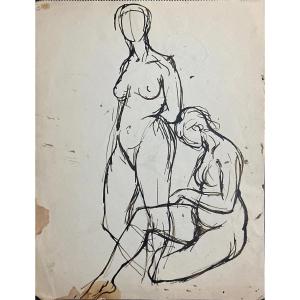 TEN KATE III Dessin à l’encre Étude de nus portrait féminins couple atelier art moderne 1950 