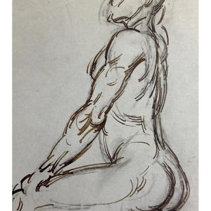 Dessin  de Jan Jacob Lodewijk TEN KATE III Etude de nu masculin homme profil 