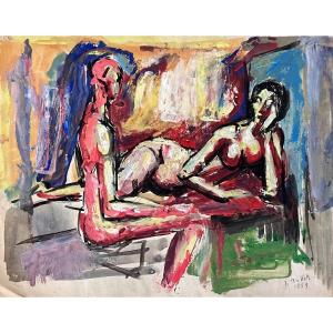 TEN KATE portrait Couple nu CobrA dans un intérieur gouache