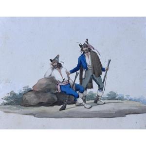 Dessin brigand Napolitain armé de tromblon Romantisme aquarelle Italie