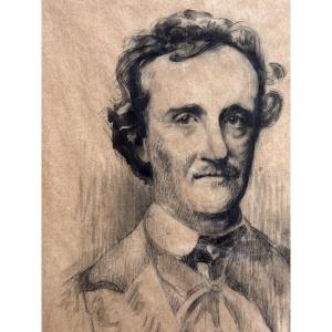 PERRICHON  dessin portrait de l'écrivain Edgard Allan Poe 19ème 