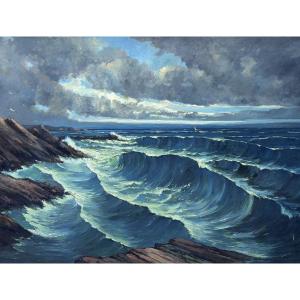 Auberger Grand Tableau Marine bord de mer La Vague Bretagne Saint-Lunaire art déco Ciel 