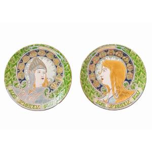 Pair Of Large Art Nouveau Dishes Jeanne d'Arc Royaliste 1899 Lunéville Earthenware X 28cm