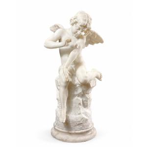 Pugi Sculpture Angel Love Butterfly Psyche Antique Alabaster 19th Century