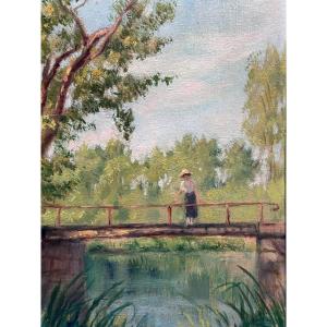 Olivier Fornoy Painting Old Impressionist Charente Landscape Young Woman On A Bridge