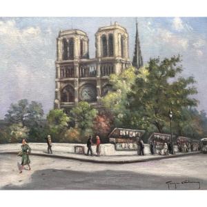 Georges Castaing Painting Animated View Quai Bouquiniste Notre Dame De Paris Signed