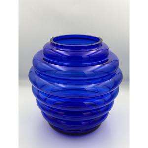 Murano Vintage Design Cobalt Blue Vase With Rings, In The Martinuzzi / Venini Style