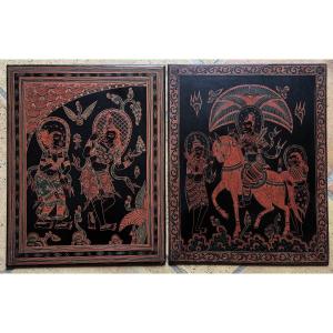 Pair Of Burmese Panels Lacquered Black Red Green Burma 1950 Décor