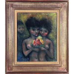 édouard Goerg Painting Modern Portrait Two Young Women Moved Nude Flowers XX