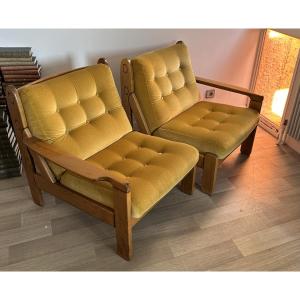 Pair Of 1970s Scandinavian Modular Armchairs Mustard Velvet Vintage Design Chauffeuse