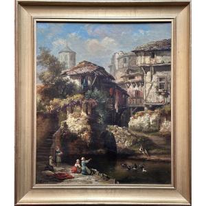 Arsène Pélegry Painting Animated Landscape Portrait Washerwoman Village River Pyrenees Toulouse 19th Century