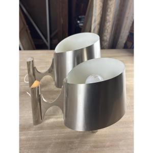 Pair Of Wall Lamps, Vintage Charles Henri House, Matthieu, Brushed Stainless Steel