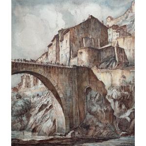 Louis Agricol Montagné Beau dessin paysage Pont  vue de Sisteron Animé aquarelle 