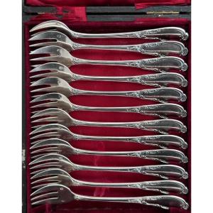 Goldsmith Granvigne Box Table 12 Dessert Forks Solid Silver 19th 303grs