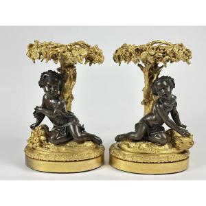 Pair Of Tazza Centerpieces Gilt Bronze With Louis XVI Loves. Clodion