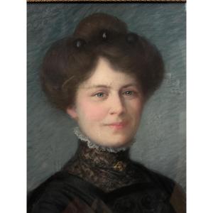 Madeleine Cartailhac Painting Portrait Of Young Woman Art Nouveau Period Pastel Décor 1900