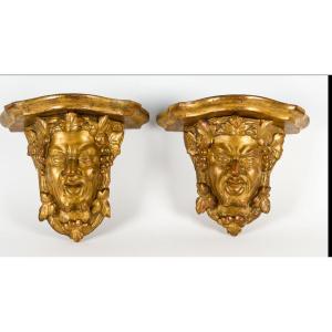 Paire de consoles en applique faunes satyre bacchus bois doré baroque 17ème x 2
