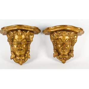Paire de consoles  en applique faunes satyre bacchus bois doré décor baroque 17ème x 2