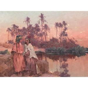 Eugène Deshayes, Orientalist Painter; Portrait Of A Woman In The Evening; Landscape Of Oued, Algeria; 19th Century