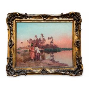 Eugène Deshayes, Orientalist Painter; Portrait Of A Woman In The Evening; Landscape Of Oued, Algeria; 19th Century