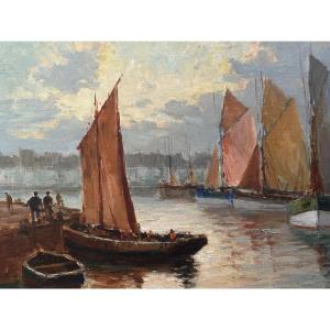 Deschamps Tableau Marine pêcheurs Le Port de Concarneau Ciel orange Breton bateau signé XX