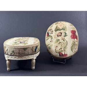 Paire de repose pied tabouret louis XVI tapisserie bois sculpté laqué décor