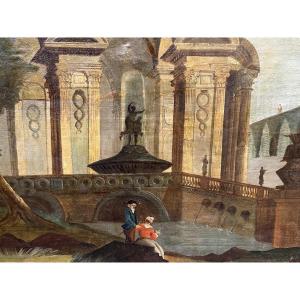 Paire de grands Tableaux néoclassique paysage ruine antique animée architecture Française 18e