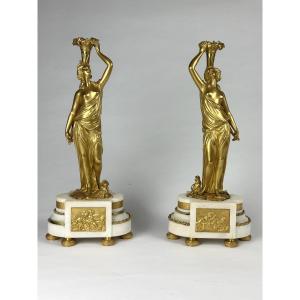 Pair Of 19th-century Antique Neoclassical Gilt-bronze Door Sconces Featuring A Woman And A Cornucopia