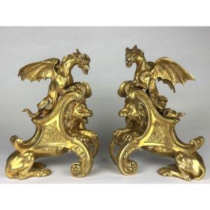 Pair Of Large Regency-style Fire Irons, Gilded Bronze, Featuring Lions, Chimeras, And Dragons, By Charles Cressent, 19th Century