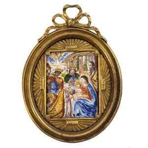 17th-century Religious Enamel Painting, "the Adoration Of The Magi," Gilded Bronze Frame, Switzerland, Italy