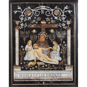 Grand tableau fixé sous verre religieux portrait Maria Dolores art populaire Espagne
