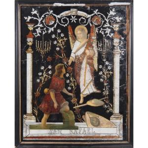 Grand tableau fixé sous verre religieux portrait Saint Raphaël Ange Tobie art populaire 55cm